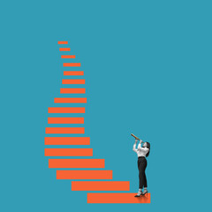 Signpost - business woman with telescope. Business analytics and strategic. Find a way.