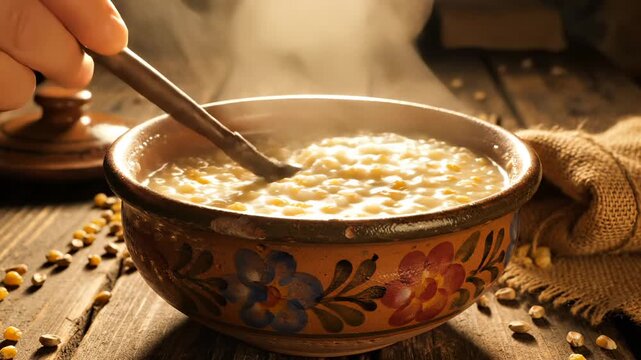 Hand stirs corn porridge in ceramic bowl with spoon. Creamy porridge steams in decorated bowl on table. Corn kernels scattered around ceramic bowl. Hot porridge with corn served in traditional bowl.