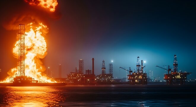 Oil rig on fire at night with flames engulfing a platform