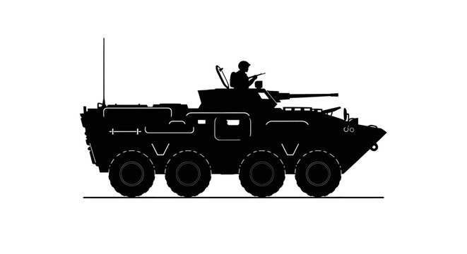 Silhouette of a military armored vehicle with a soldier on top armed and ready for action in a combat situation