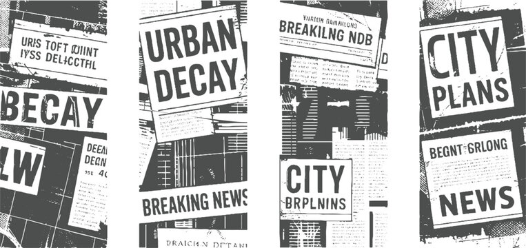 Four newspaper headlines and text blocks in a collage style with urban decay and city plans themes