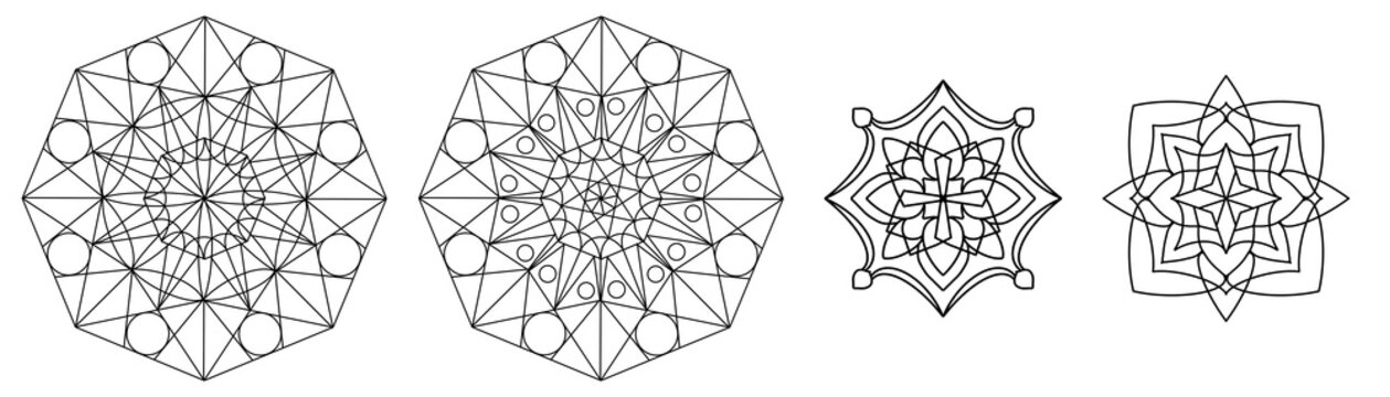 The mandala is black and white. Geometric drawing. Coloring book, a pattern of geometric shapes and lines. A very powerful symbol of sacred geometry. A complex pattern of interconnected shapes.