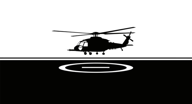 Black helicopter silhouette hovers above a helipad at night with white markings on a dark surface