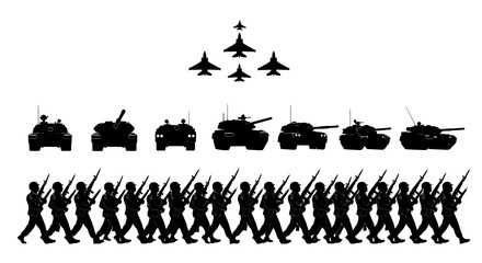 Obraz premium Military forces marching with tanks and fighter jets in formation on white background