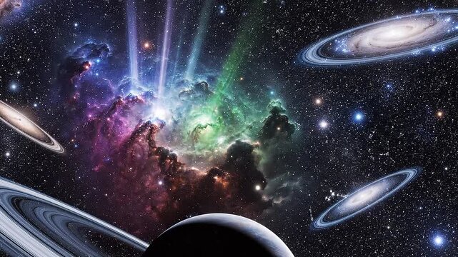 Colorful nebula explosion with planets orbiting in outer space