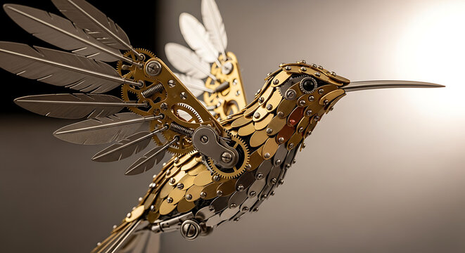 Striking steampunk hummingbird sculpture captured mid-flight, showcasing an intricate body constructed from polished brass plates, gear wheels, rivets, and clockwork machinery parts.