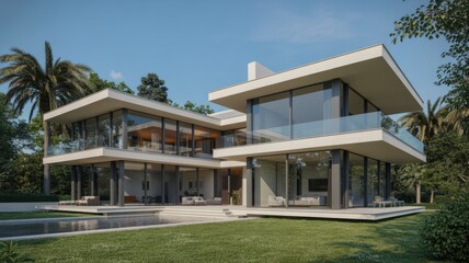 Fototapeta premium Modern luxury villa with glass walls and swimming pool