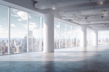 Obraz premium Bright Modern Empty Office Interior with City View, Open Space, Corporate Real Estate, and Polished Concrete Floors