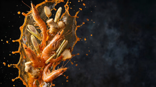 Dynamic flying Tom Yum Kung soup