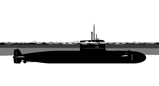 Submarine silhouette floating on ocean surface with periscope up black and white illustration