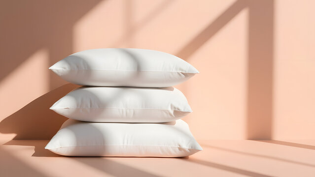 White pillow stack soft minimal three soft white pillows stacked beside warm peach wall with directional sunlight and long shadows for tranquil bedroom mood.