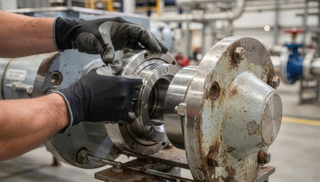 Closeup medium shot of insitu pump seal repair showing hands precisely fitting new mechanical seals on aromatic service pumps in an industrial setting.