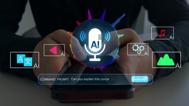 Interaction with the Ai assistant voice to solve some tasks more easily. Image generator, documents, marketing and advertising, bot writing and coding.Person using laptop with Ai Content Generator.	