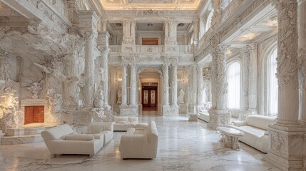 Obraz premium Opulent Marble Interior with Ornate Columns and Elegant Seating, Showcasing Architectural Grandeur and Luxurious Design