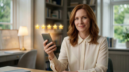 Fototapeta premium Happy woman holding smartphone with five star rating floating above screen in home office
