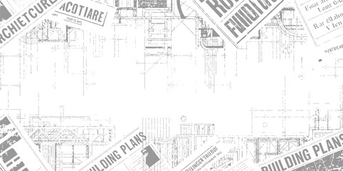 Fototapeta premium Architectural blueprints and newspaper clippings with text about building plans and architecture construction