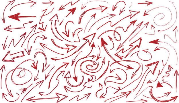 Red hand drawn arrows collection with swirl curved and directional sketch arrow elements vector illustration set