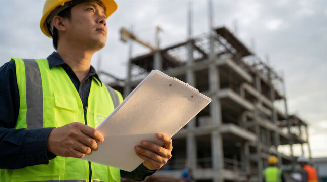 Asian construction worker wearing hard hat and safety vest holding clipboard at building site during sunset
