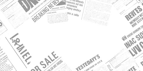 Obraz premium Overlapping grey newspaper headlines and text fragments on white background breaking 1