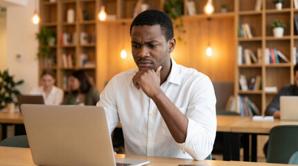 Fototapeta premium Focused african american businessman working on laptop in modern office, thinking and looking at screen with concern