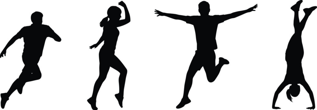 WebRunning silhouettes, jumping figures, leaping posture, athletic movement, dynamic gesture, expressive motion, fitness theme, vector illustration, black silhouette, isolated