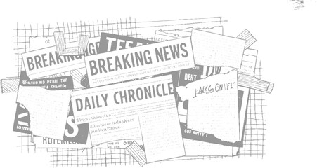 Fototapeta premium Stack of torn grey newspapers with headlines and text in a collage style breaking daily chronicle