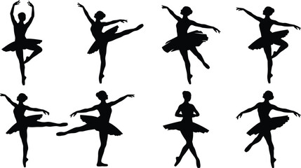 Elegant ballet dancer silhouettes in classical poses with tutus showcasing arabesque, pirouette, plié movements for dance art © Sohel
