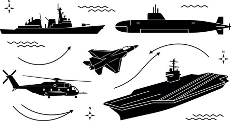 Military Navy and Air Force Silhouettes Set with Warship, Submarine, Jet, Helicopter and Carrier © Sariful