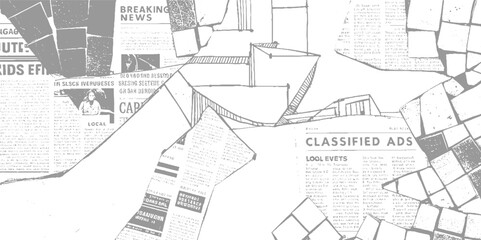 Naklejka premium Fragmented newspaper pages with breaking news and classified ads in grayscale