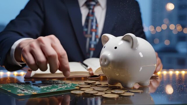 Businessman saves money in piggybank with coins scattered on desk. Man inserts coin into savings bank. Piggybank sits near circuit board. Businessman saving money at evening with notebook nearby.