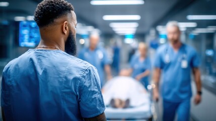 Fototapeta premium Emergency Room Team Transporting Patient on Gurney: Fast-Paced Hospital Environment with Medical Professionals