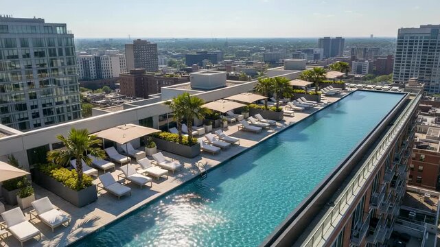 Rooftop pool glistens under the sun. Lounge chairs line the pool edge. Tall palm trees add greenery. City skyline stretches far away. Ideal for luxury real estate marketing