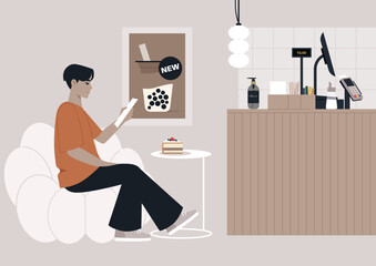 Fototapeta premium In a charming coffeeshop, a person sits comfortably on a stool, reading the menu with curious eyes while surrounded by soft colors and coffee aromas.