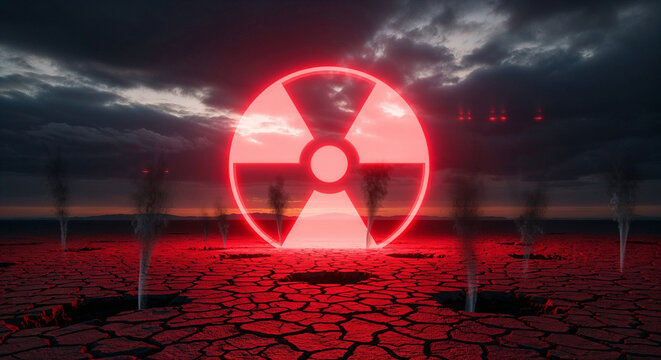 A glowing red nuclear radiation hazard symbol illuminates a desolate, cracked earth landscape under a dark, stormy sky.