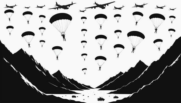 Parachuters jump from planes over mountains black silhouette illustration of adventure and thrill seekers in skydiving action