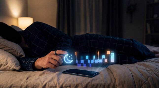 Person in bed touching holographic sleep tracking interface AI Digital Health Wellness Tracking concept