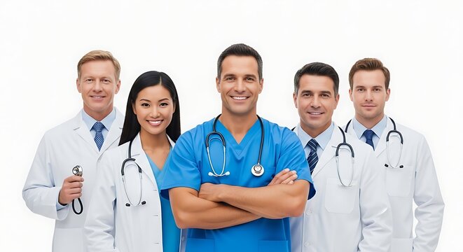Medical professionals in scrubs and lab coats