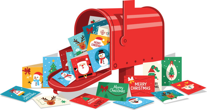Vibrant Christmas cards spilling out of a red mailbox on a white background