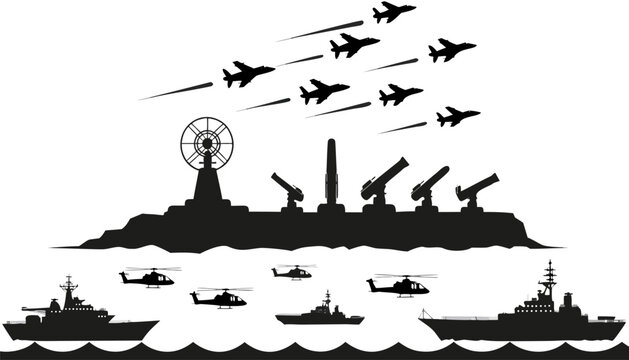 Coastal defense scene with naval ships helicopters and fighter jets in silhouette military operation concept