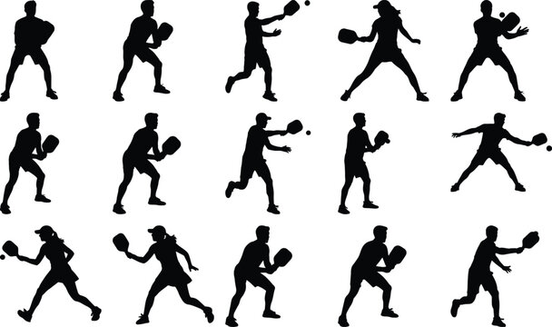 Silhouetted figures of men and women playing pickleball with intense focus and athletic prowess, illustrating the excitement and competitive spirit of this popular racket sport in outdoor settings.