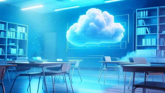 Digital cloud hologram appearing over classroom desks demonstrating futuristic education technology concept in blue lit learning space
