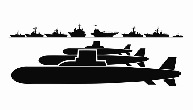 Silhouette of submarine wolfpack and naval fleet ships on white background vector illustration for military or maritime concepts