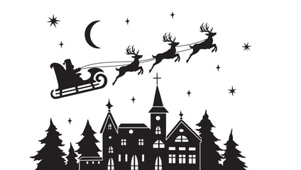 Santa Claus sleigh with reindeer flying across a crescent moon and stars over a silhouetted village and pine trees during Christmas Eve. © Harry 