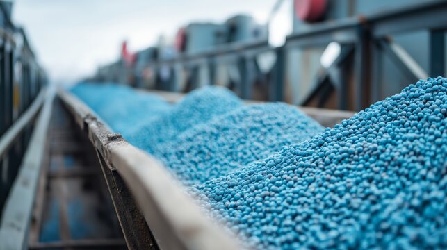 Close up of blue fertilizer granules moving along an industrial conveyor belt in a factory, representing agricultural production, chemical processing, and large scale fertilizer manufacturing.