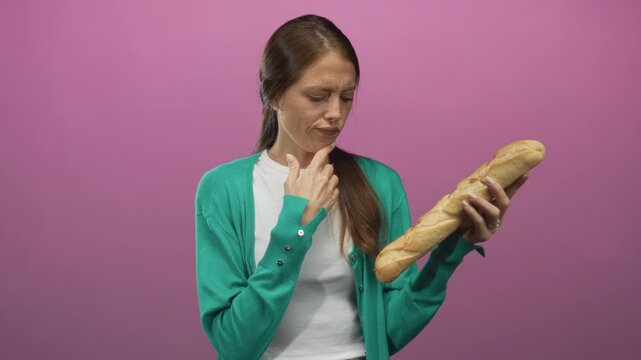 Woman holding a baguette and frowning while inspecting crust and texture in studio; disgust food inspection.