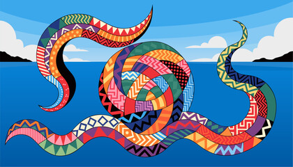 Obraz premium Vibrant patchwork ribbon waves float over calm sea symbolizing freedom and creativity in nature