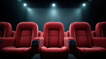 Fototapeta premium Rows of Empty Red Theater Seats Under Spotlights, Ready for Audience and Performance
