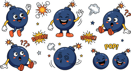Cute Cartoon Bomb Characters Set with Funny Expressions, Comic Effects and Explosion Scenes © Sariful