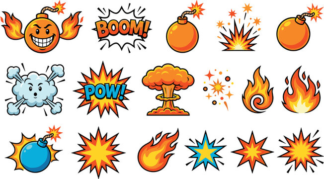 Cartoon Explosion Icons Set with Bombs, Fire Flames, Comic Boom Effects and Blast Elements