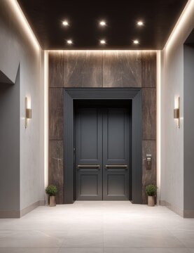 Modern Apartment Building Elevator with Elegant Design and Marble Accents, Emphasizing Luxury and Functionality